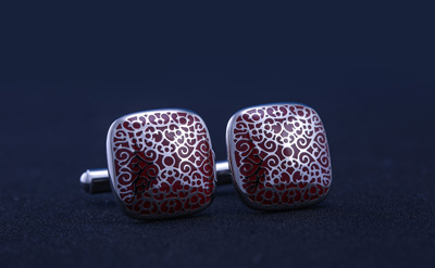Silver/Maroon Designed Round Square Cufflinks