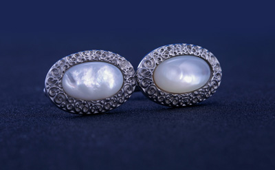 Silver/White Designed Oval Cufflinks